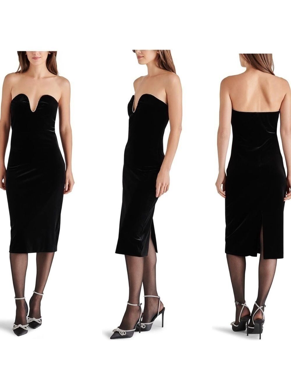 Steve Madden black velvet rhinestone trim strapless Charlene dress NWT